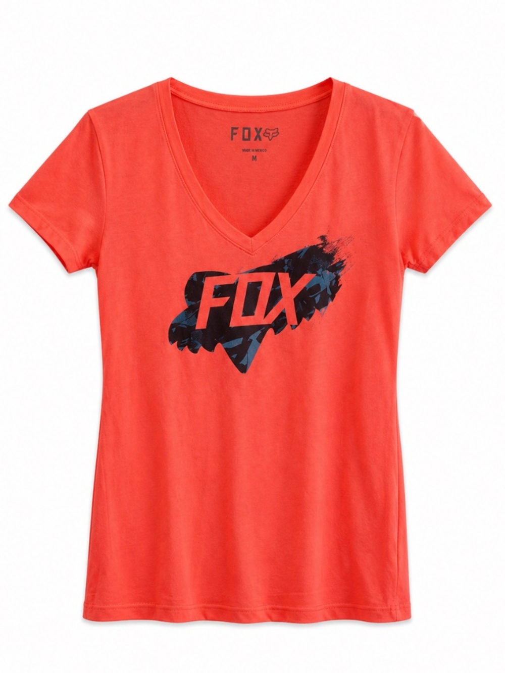 FOX Neon Coral Graphic V-Neck Cotton & Poly Blend Tee – Size Medium EUC